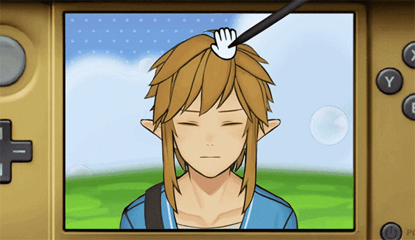 1boy, animated, animated_gif, blonde_hair, blush, grass, handheld_game_console, link, looking_at_viewer, male_focus, nintendo, nintendo_ds, pokemon, pokemon-amie, solo, the_legend_of_zelda, wince