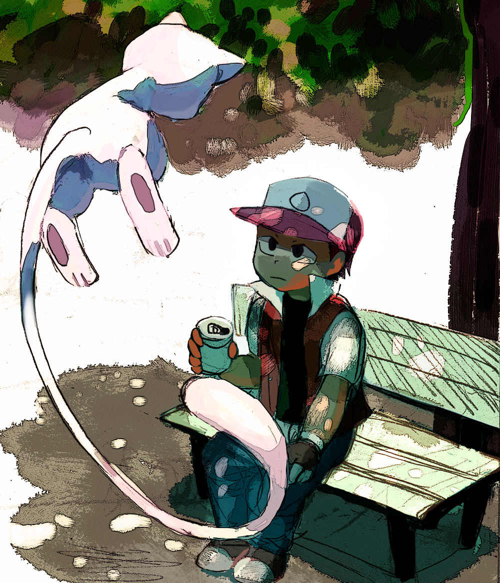 90s, bench, gloves, hat, kaeru_touritsu, mew, pokemon, pokemon_(game)