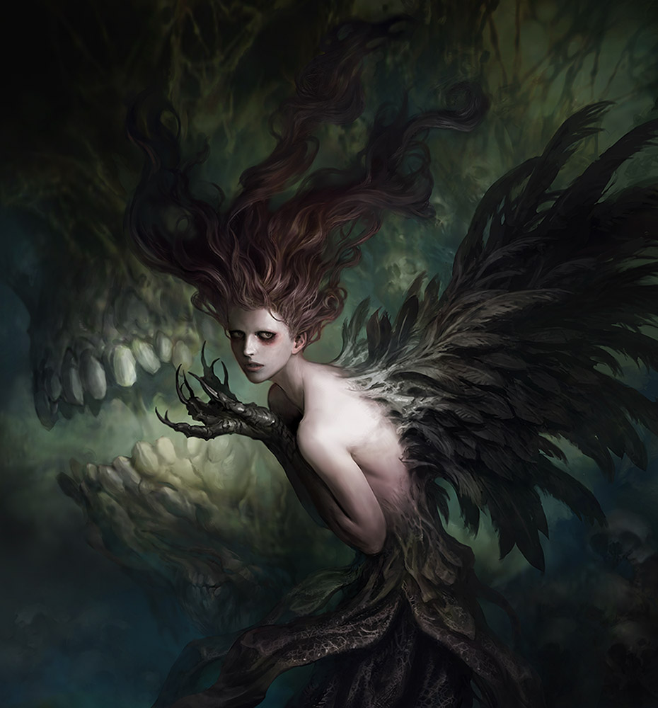 1girl, abstract_background, aiba_ryosuke, black_feathers, black_wings, brown_hair, claws, creepy