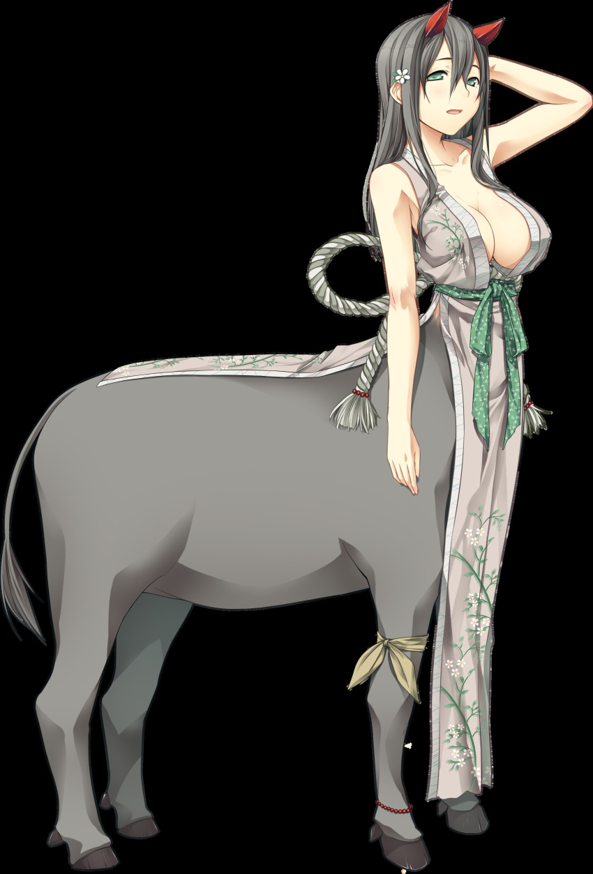 1girl, arms_up, bare_arms, blush, breasts, centaur, cleavage, cura, embarrassed, female, flat_(company), flower, full_body, game_cg, green_eyes, grey_hair, hair_flower, hair_ornament, highres, japanese_clothes, large_breasts, long_hair, looking_at_viewer, monobeno, monster_girl, parted_lips, simple_background, sleeveless, solo, standing, tail, tooko_(monobeno)