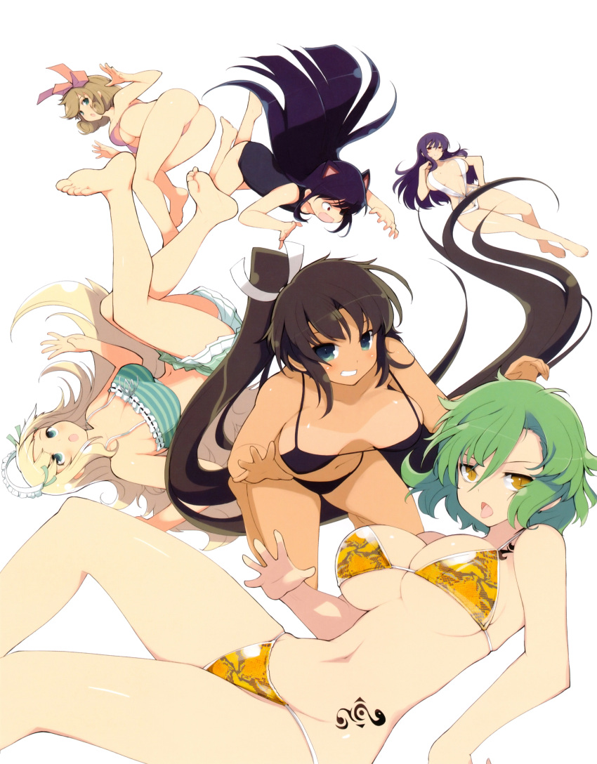 6+girls, barefoot, bikini, black_hair, breasts, dark_skin, feet, female