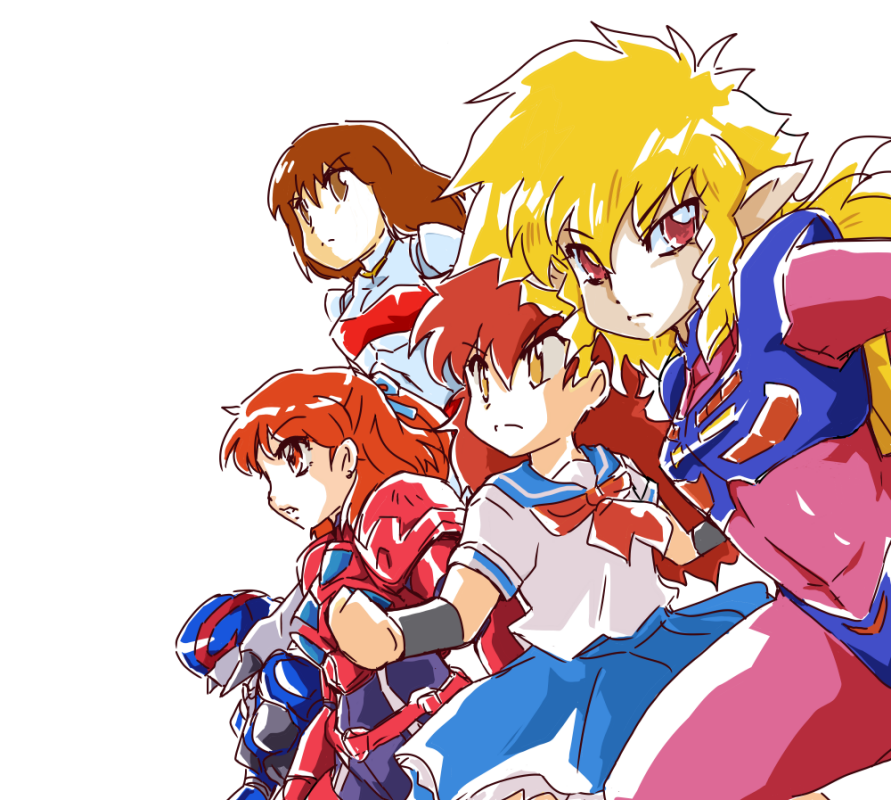 1980s_(style), anice_farm, armor, blonde_hair, bodysuit, brown_eyes, brown_hair, bubblegum_crisis