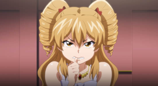 1girl, biting, brown_eyes, drill_hair, energy_kyouka!!, frown, hair_ribbons, houjou_reona, jewelry, long_hair, nail_biting, necklace, satou_kimiatsu, tamatsuyada, thumb_biting, twintails