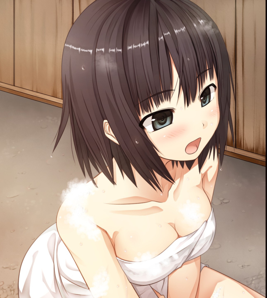 1girl, arishima_alice, bare_arms, bare_legs, bare_shoulders, black_eyes, black_hair, blush