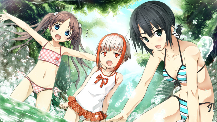 3girls, arishima_alice, armpits, bangs, bare_arms, bare_legs, bare_shoulders, bikini