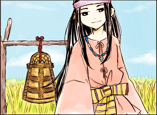androgynous, bell, black_hair, do_do_goki, dotaku_(bell), headband, jewelry, long_hair, nature, necklace, original, outdoors, plant, sky, solo, yayoi_period