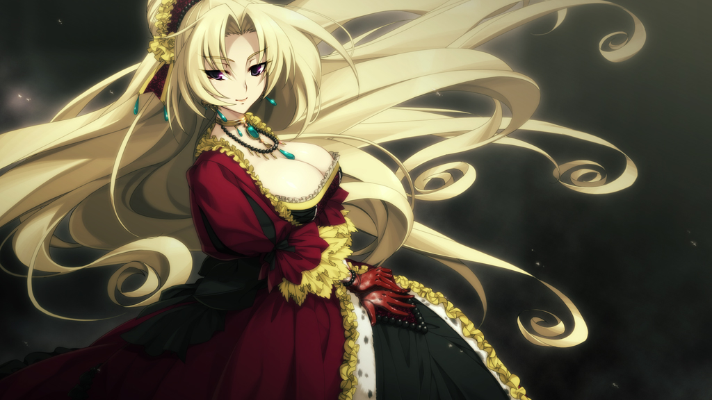 1girl, blonde_hair, breasts, cleavage, dress, earrings, eyebrows, eyebrows_visible_through_hair