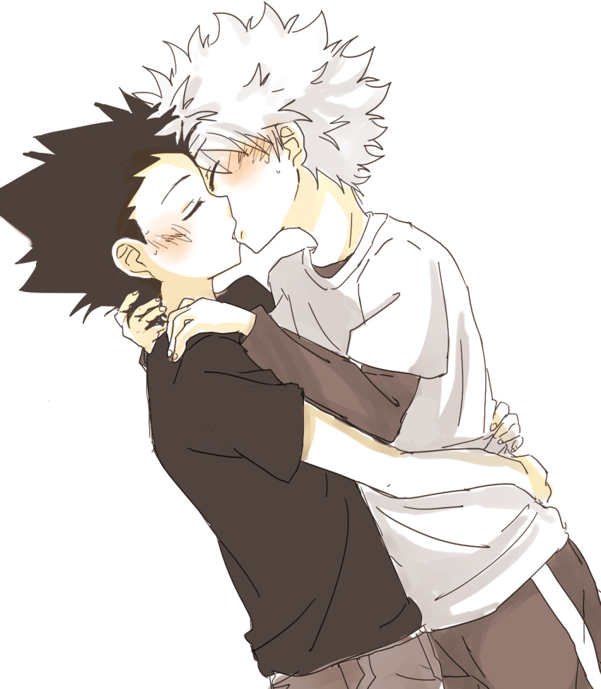 2boys, april_(aprilmayu), black_hair, blush, child, closed_eyes, gon_freecss, hug