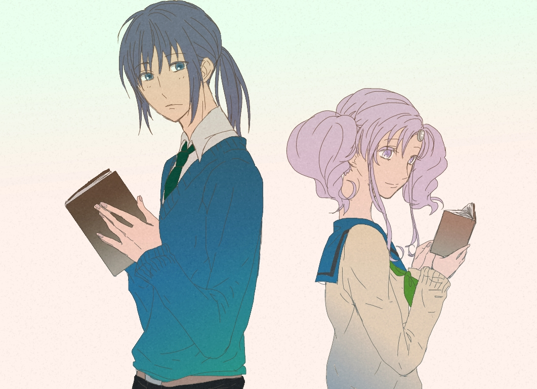 00s, 1boy, 1girl, artist_request, belt, blue_eyes, blue_hair, book