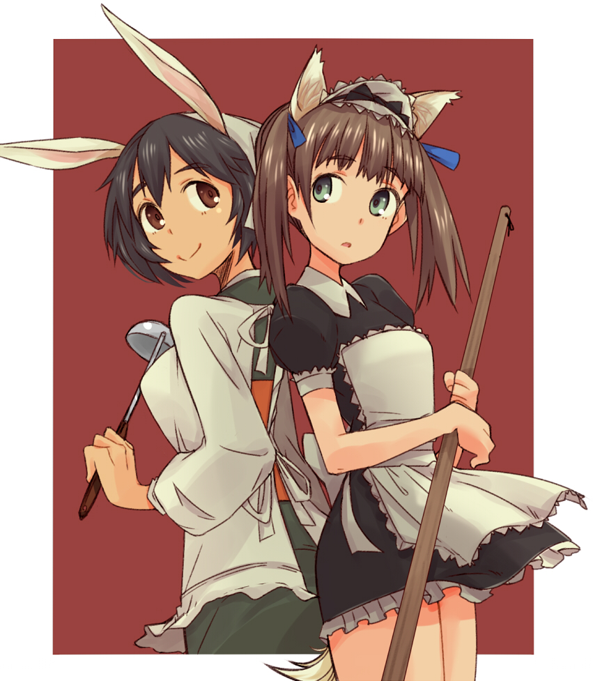 2girls, alternate_costume, animal_ears, apron, aqua_eyes, back-to-back, black_hair, brave_witches