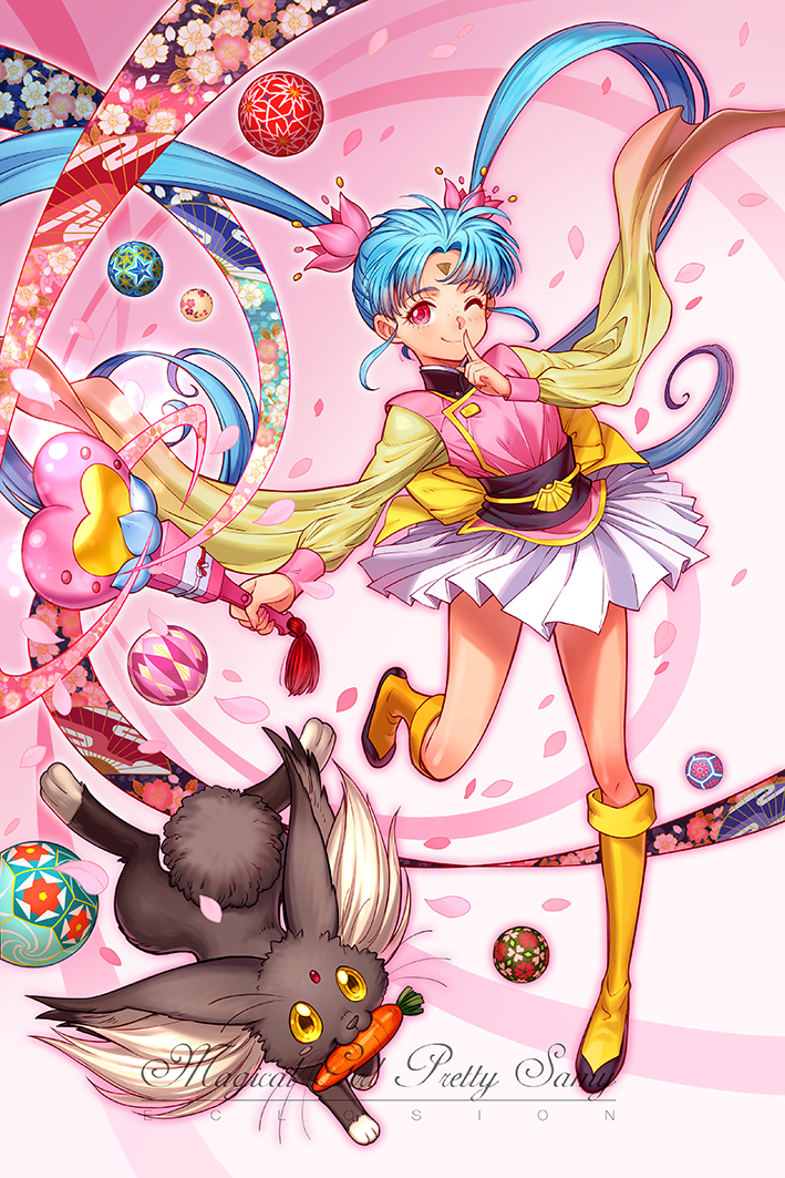 1girl, blue_hair, carrot, eclosion, facial_mark, finger_to_mouth, forehead_mark, freckles, hair_ornament, kawai_sasami, long_hair, magical_girl, mahou_shoujo_pretty_sammy, masaki_sasami_jurai, one_eye_closed, petals, pink_eyes, pretty_sammy_(character), ryou-ouki, skirt, smile, temari_ball, twintails, wand