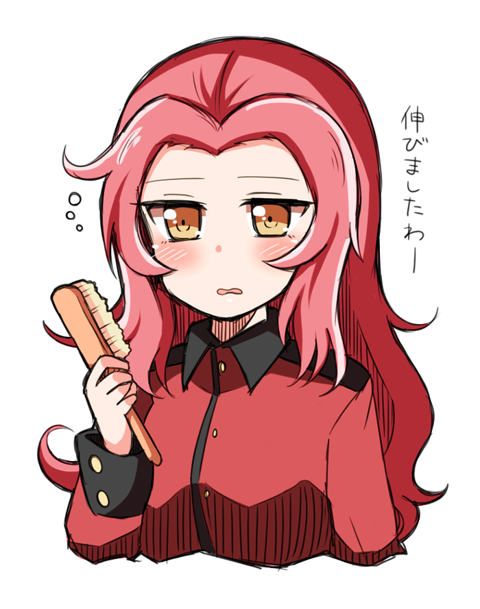 1girl, alternate_hair_length, alternate_hairstyle, blush, brown_eyes, commentary, girls_und_panzer, hair_brush