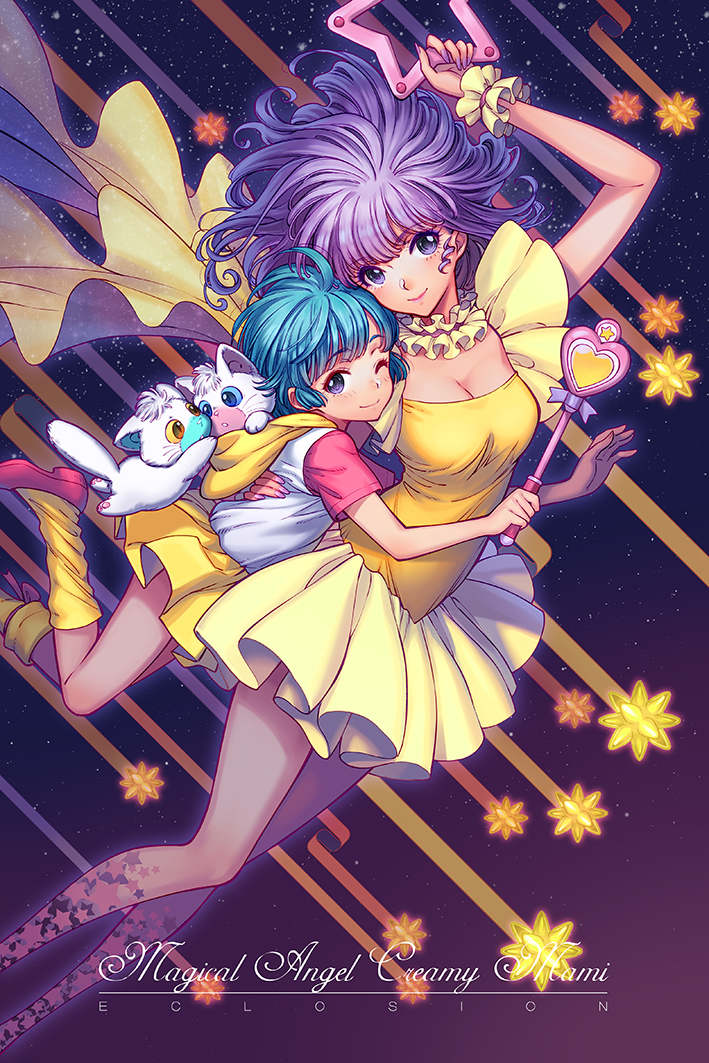 2girls, blue_eyes, blue_hair, breasts, choker, cleavage, copyright_name, creamy_mami, dress, dual_persona, eclosion, long_hair, magical_girl, mahou_no_tenshi_creamy_mami, morisawa_yuu, multiple_girls, nega_(creamy_mami), one_eye_closed, posi_(creamy_mami), purple_hair, short_hair, skirt, star, violet_eyes