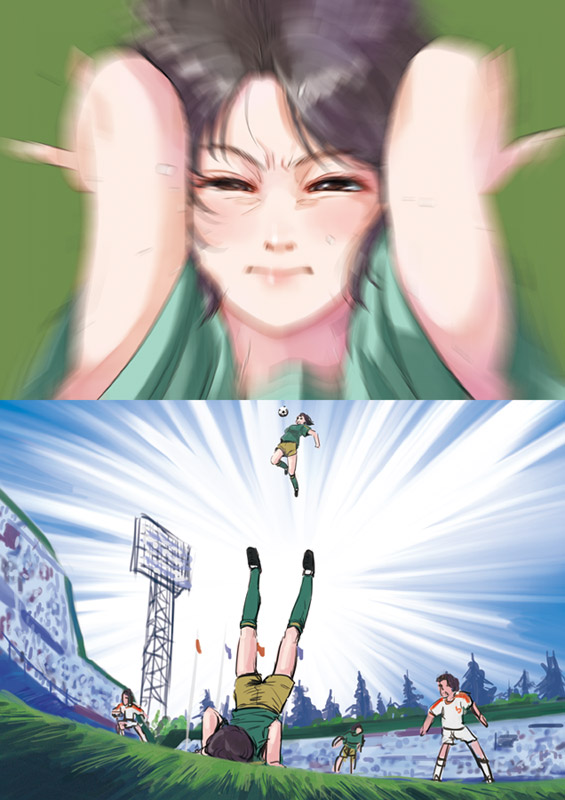 2koma, ball, black_hair, captain_tsubasa, comic, flag, green_legwear, legs_over_head