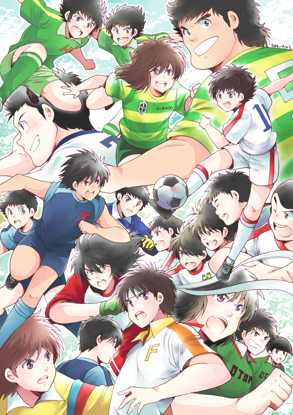 6+boys, armband, ball, black_hair, brown_hair, captain_tsubasa, gloves, headband