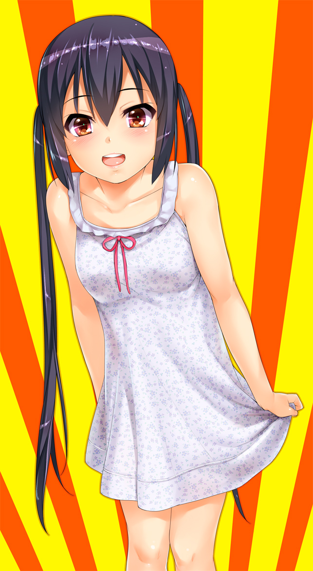 1girl, bare_shoulders, black_hair, blush, brown_eyes, commentary_request, dress, k-on!