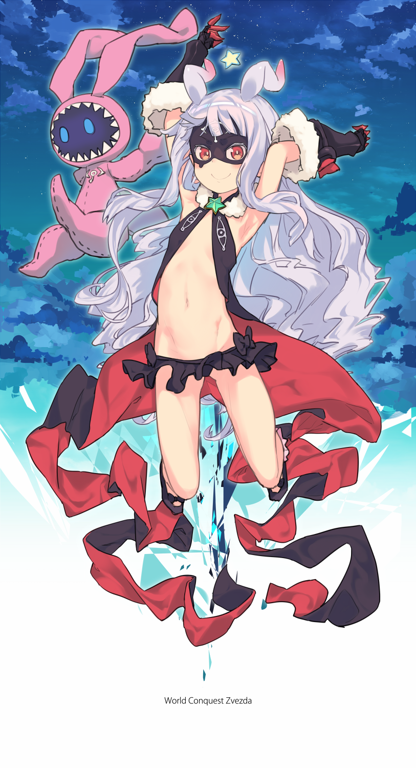 1girl, antenna_hair, bangs, blunt_bangs, gauntlets, gloves, highres, hoshimiya_kate, jumping, long_hair, lowleg_skirt, mask, midriff, navel, red_eyes, sekai_seifuku:_bouryaku_no_zvezda, silver_hair, venera-sama, very_long_hair, yoo_(tabi_no_shiori)