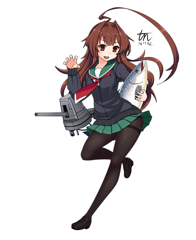 >:d, 1girl, :d, ahoge, alternate_costume, black_legwear, brown_hair, cannon