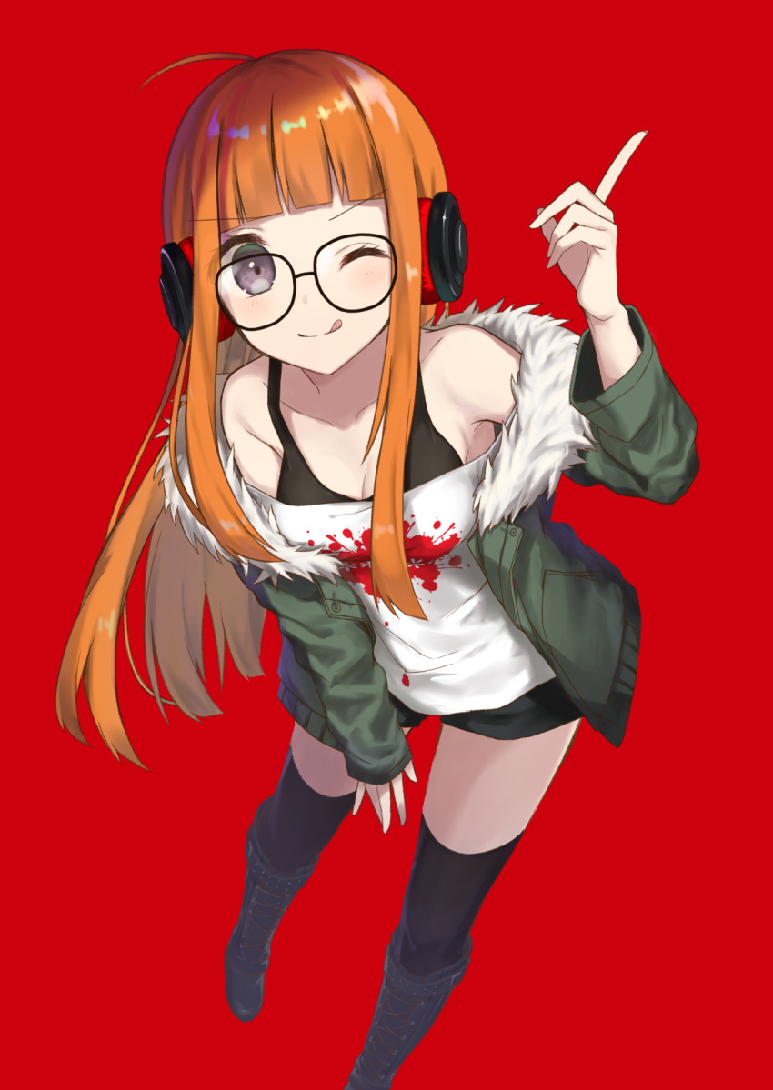 1girl, ;q, ahoge, boots, breasts, cleavage, glasses, headphones
