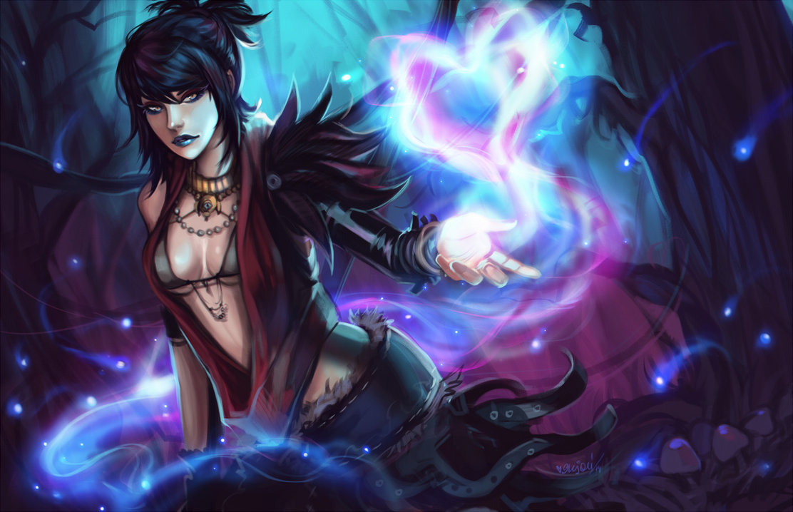 1girl, bare_shoulders, black_hair, bra, breasts, dragon_age, dragon_age:_origins, fantasy
