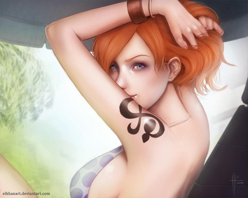 1girl, bikini_top, blue_eyes, breasts, elkhanart, long_hair, nail_polish, nami_(one_piece), one_piece, solo, tattoo