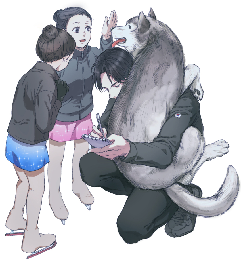 1boy, 2girls, :d, animal, back, black_eyes, black_gloves, black_hair