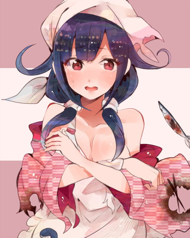 1girl, ahoge, alternate_costume, breasts, cleavage, commentary_request, covering, covering_breasts