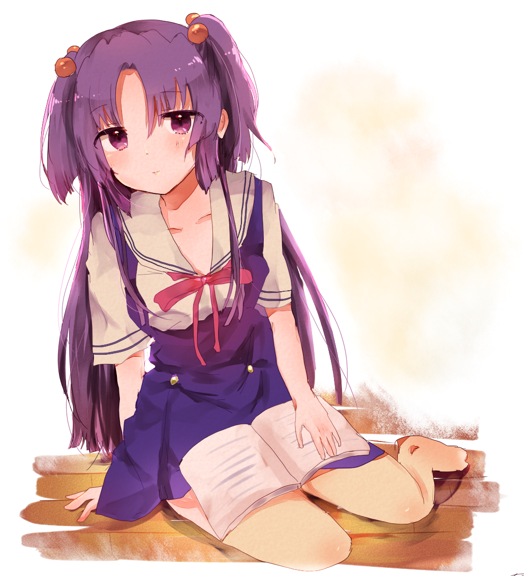 1girl, arm_support, book, clannad, hair_bobbles, hair_ornament, ichinose_kotomi, long_hair, nishina_ryo, purple_hair, sailor_collar, school_uniform, sitting, twintails, two_side_up, violet_eyes, yokozuwari