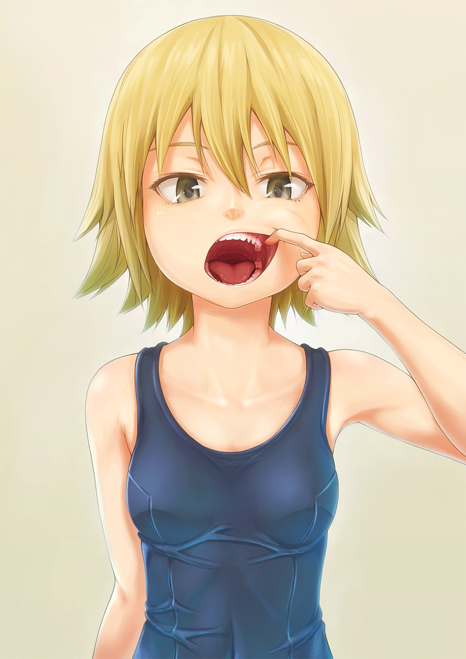 1girl, aihara_kazumi, arm_at_side, bangs, bare_arms, beige_background, blonde_hair, breasts, collarbone, finger_in_mouth, hair_between_eyes, highres, ju_go_(toamariitutu), kyou_no_go_no_ni, looking_at_viewer, one-piece_swimsuit, open_mouth, saliva, school_uniform, short_hair, skin_tight, small_breasts, solo, swimsuit, teeth, tongue, upper_body