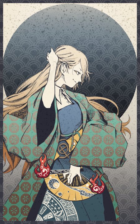 1girl, adjusting_hair, blonde_hair, blue_dress, blue_skirt, dress, fan, japanese_clothes