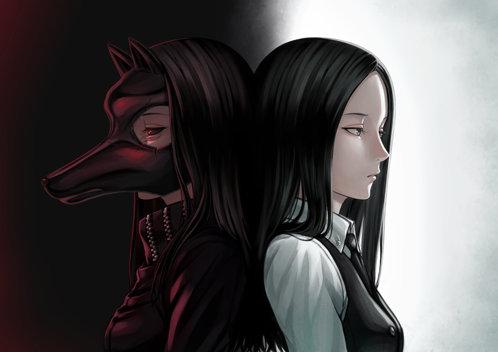 2girls, back-to-back, black_eyes, black_hair, black_necktie, black_sclera, black_vest, breasts