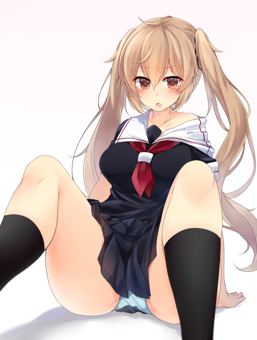 1girl, black_shirt, black_skirt, blonde_hair, blue_panties, breasts, brown_eyes, collarbone