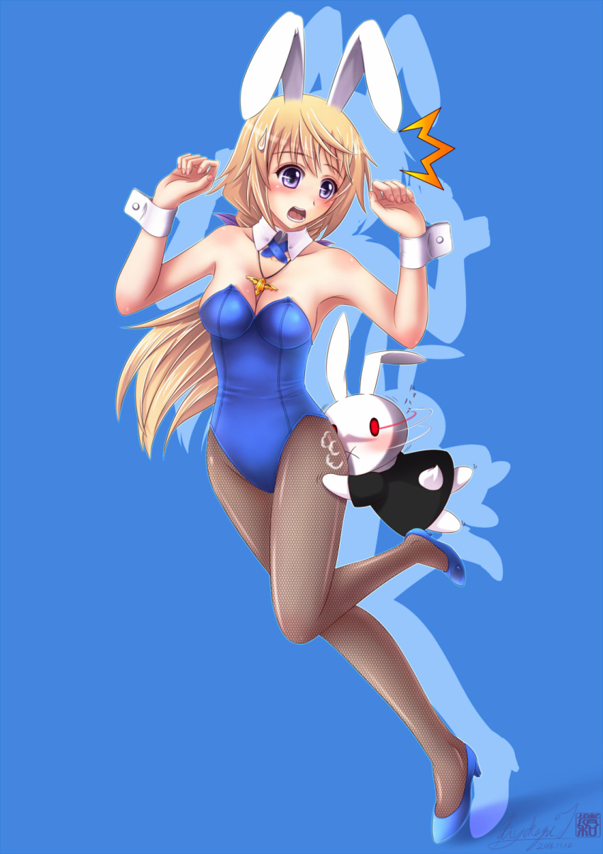 /\/\/\, 1girl, :x, animal_ears, arms_up, blonde_hair, blue_leotard, bunny_tail