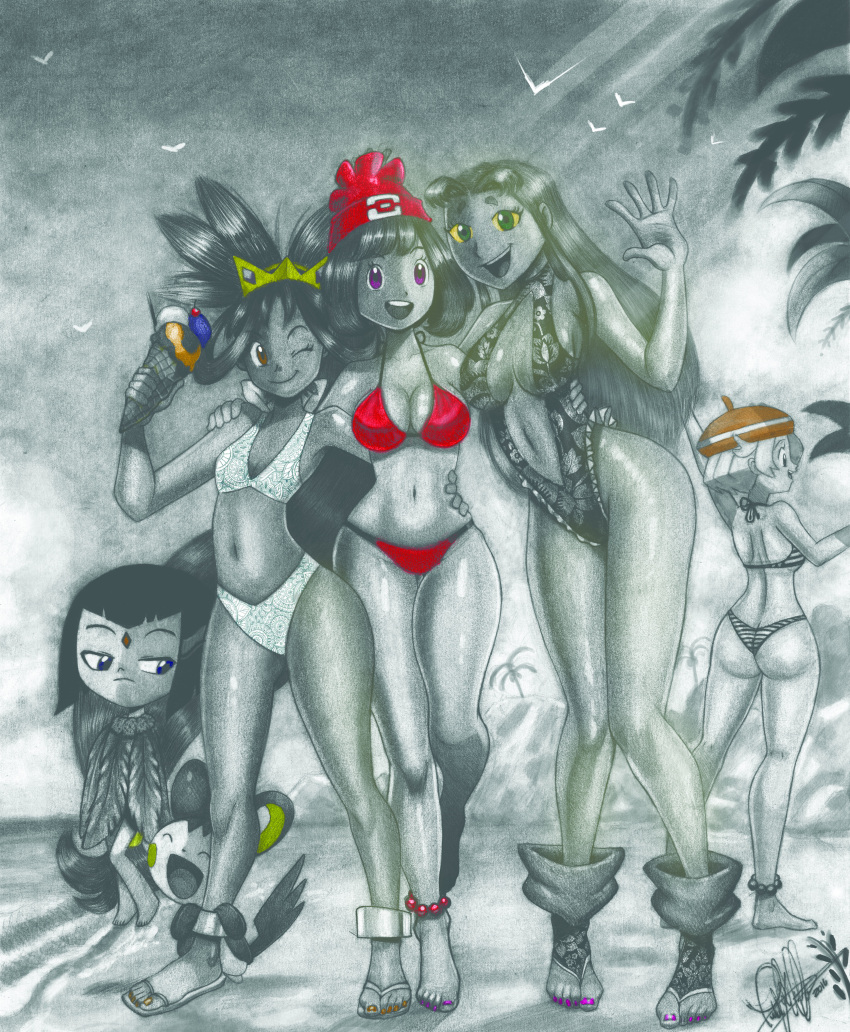 barefoot, beach, beanie, bel_(pokemon), bikini, black_hair, cartoon_network, emolga