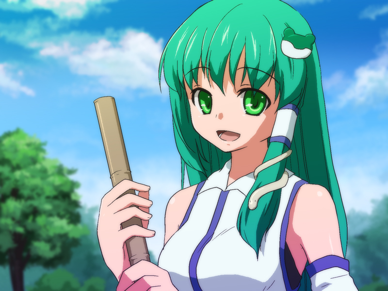 bad_id, bamboo_broom, bare_shoulders, blurry, broom, bust, depth_of_field, detached_sleeves, green_eyes, kochiya_sanae, mizuki_riko, open_mouth, riko(pixiv), riko_(pixiv), sky, smile, touhou