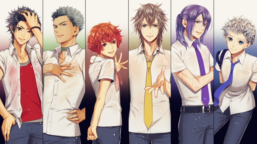 6+boys, arms_behind_back, belt, black_hair, blue_eyes, closed_mouth, fukase, gradient, gradient_background, hand_in_hair, hand_on_hip, hand_on_own_chest, kamui_gakupo, kyo_(vocaloid), leaning_forward, long_hair, male_focus, multiple_boys, necktie, outstretched_hand, point_(vocaloid), purple_hair, red_eyes, redhead, school_uniform, shirt, shirt_tucked_in, smile, split_screen, suzunosuke_(sagula), tan, vocaloid, vy2, waving, wet, wet_clothes, wet_hair, wet_shirt, white_hair, wil_(vocaloid), yellow_necktie, yuu_(vocaloid), zola_project