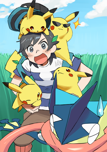 1boy, baseball_cap, black_hair, blue_sky, capri_pants, carrying_under_arm, dawhee_(ntmyori), grass, greninja, grey_eyes, hat, leaf, male_focus, male_protagonist_(pokemon_sm), pants, pikachu, pokemon, pokemon_(creature), pokemon_(game), pokemon_sm, shirt, short_hair, sky, smile, standing_on_shoulder, striped, striped_shirt, sunglasses, sweatdrop