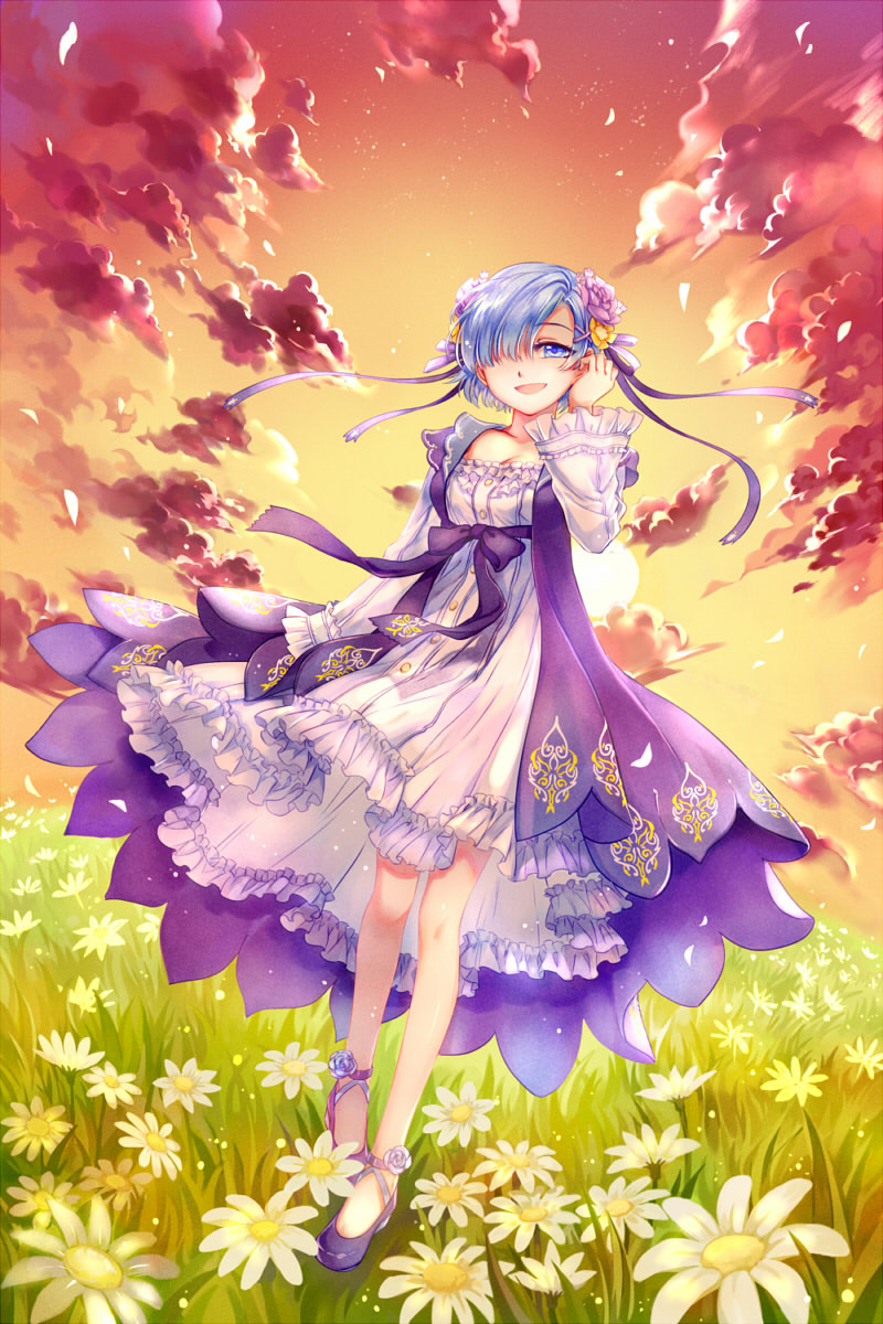 1girl, alternate_costume, blue_eyes, blue_hair, breasts, clouds, dress, emonana, field, flower, flower_field, hair_flower, hair_ornament, hair_over_one_eye, hair_ribbon, headdress, highres, looking_at_viewer, medium_breasts, open_mouth, re:zero_kara_hajimeru_isekai_seikatsu, rem_(re:zero), ribbon, shoes, short_hair, sky, solo, standing, x_hair_ornament