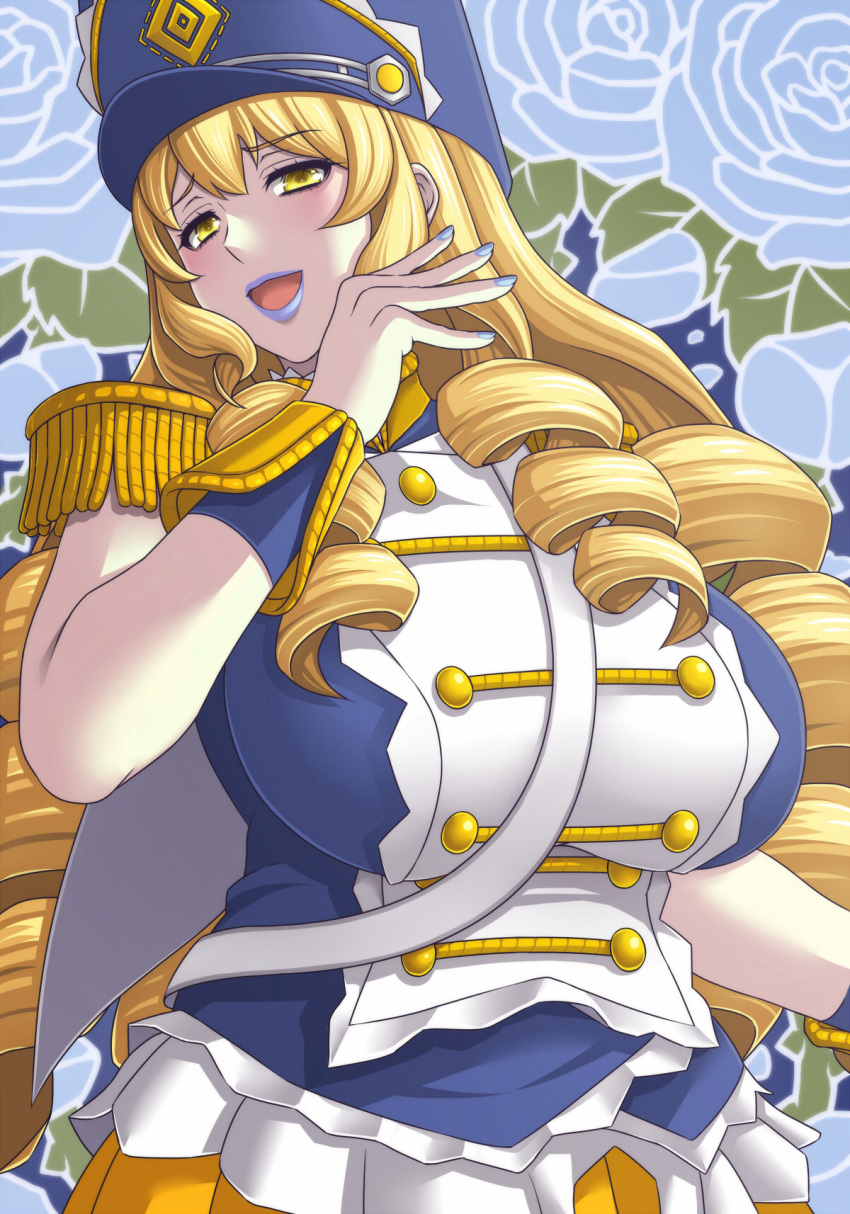 1girl, :d, blonde_hair, blue_lipstick, blue_nails, blush, breasts, drill_hair