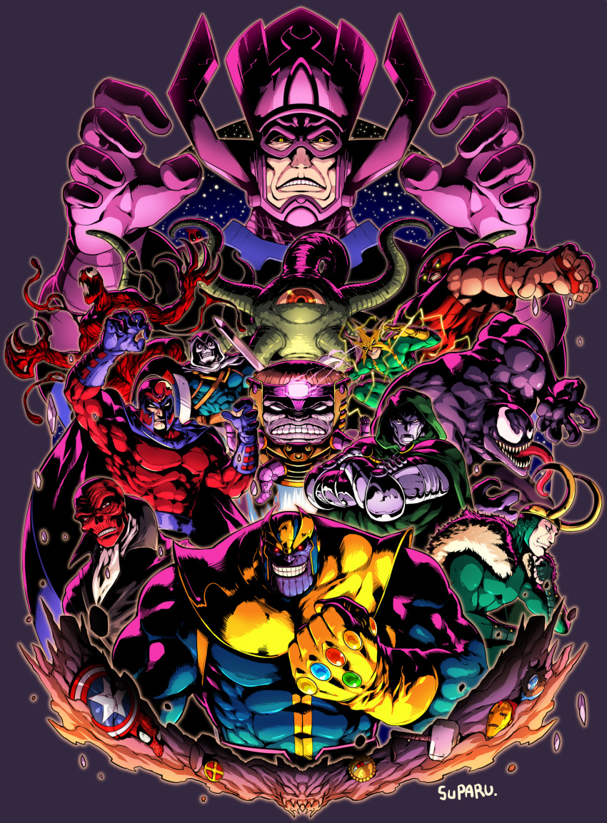 abs, armor, artist_name, badge, bodysuit, cape, carnage_(marvel), claws, clenched_hand, clenched_teeth, coat, crossed_arms, deadpool, doctor_doom, electricity, electro_(spider-man), evil_grin, evil_smile, eye_of_agamotto, fingerless_gloves, frown, galactus, gloves, grin, hammer, hand_on_own_chin, helmet, highres, hood, infinity_gauntlet, juggernaut_(x-men), loki_(marvel), long_tongue, magneto, marvel, mask, mjolnir, modok, monster, muscle, purple_gloves, purple_skin, red_eyes, red_skin, red_skull, sharp_teeth, shield, shuma_gorath, signature, skin_tight, smile, spider-man_(series), suparu_(detteiu), sword, taskmaster, teeth, tentacle, thanos, tongue, venom_(marvel), weapon, yellow_eyes, yellow_gloves