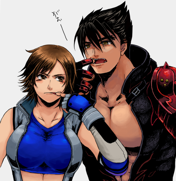 >:(, 1boy, 1girl, abs, arm_guards, bangs, black_hair, blush