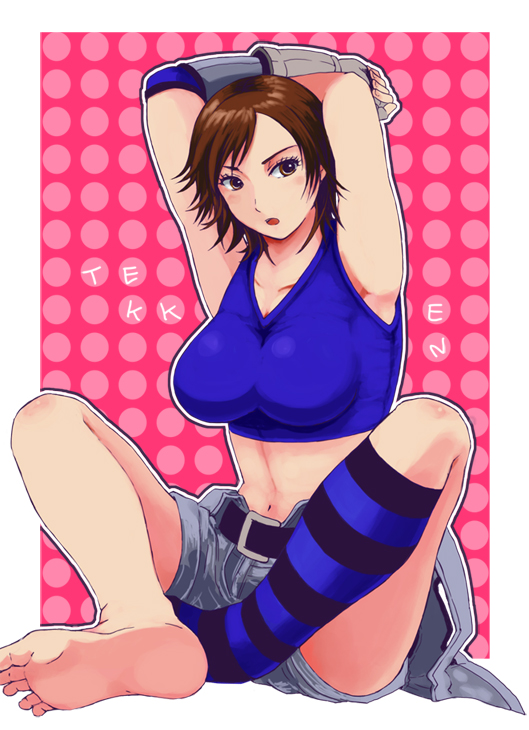 >:o, 1girl, :o, armpits, arms_up, bare_shoulders, belt, blush, breasts, brown_eyes, brown_hair, collarbone, crop_top, feet, fingerless_gloves, gloves, kazama_asuka, knees_up, large_breasts, looking_at_viewer, midriff, navel, parted_lips, sakura3914, short_hair, shorts, single_sock, sitting, sleeveless, socks, solo, stomach, striped, striped_legwear, tekken