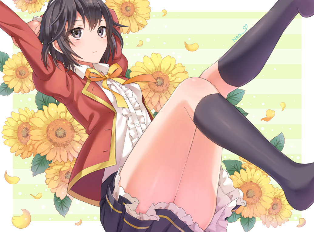 1girl, arms_behind_head, bangs, black_hair, blazer, blush, bow, bowtie, commentary, flower, frilled_skirt, frills, grey_eyes, ispin_charles, jacket, kneehighs, legs_up, petals, short_hair, skirt, solo, striped, striped_background, sunflower, tales_weaver, thighs, uniform, yellow_bow, yellow_bowtie, yukise_akito