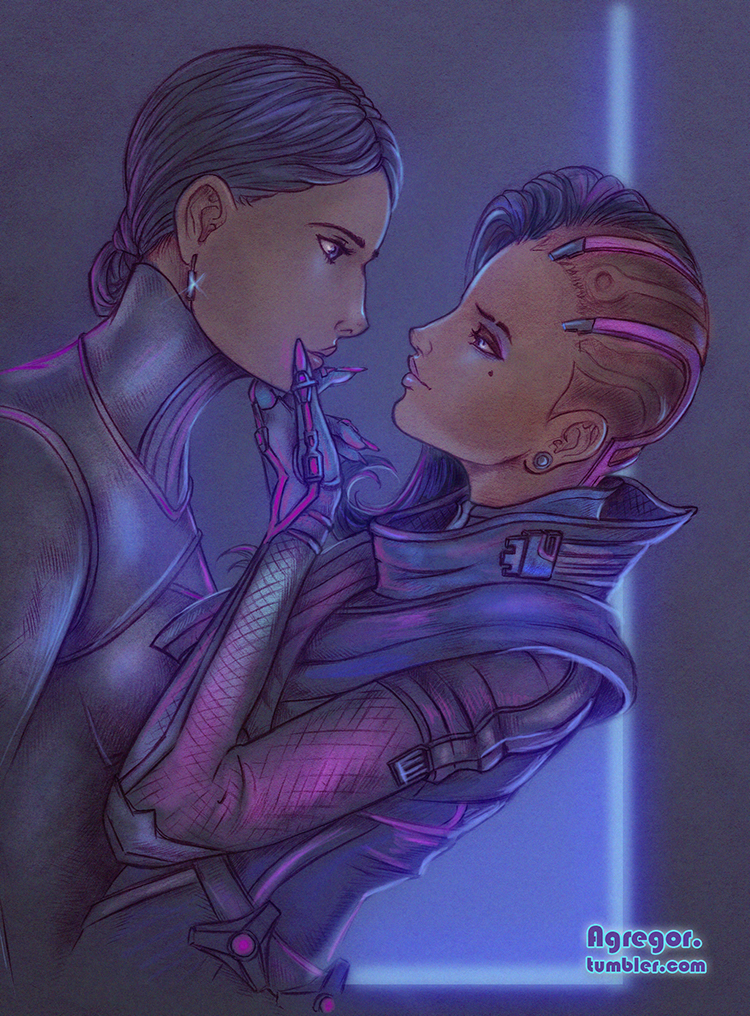 2girls, agregor, asymmetrical_hair, dark_skin, eye_contact, eyeshadow, hand_on_another's_chin, high_collar, katya_volskaya, long_nails, looking_at_another, makeup, mole, mole_under_eye, multiple_girls, overwatch, sombra_(overwatch), undercut, yuri
