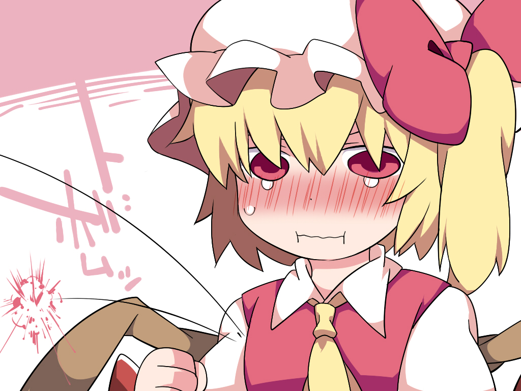 1girl, angry, ascot, blonde_hair, blush, breast_conscious, clenched_hand, commentary