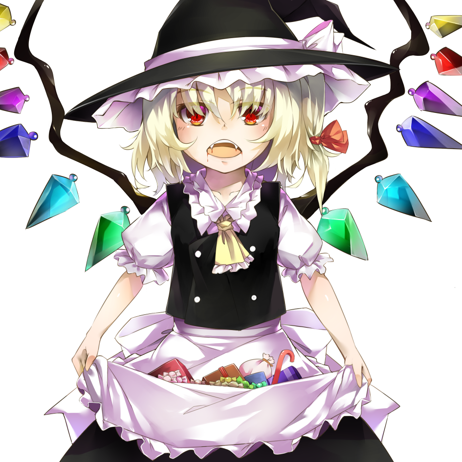 1girl, apron, apron_basket, apron_lift, blonde_hair, blood, blood_from_mouth, box, candy, candy_cane, collarbone, cosplay, cowboy_shot, cravat, eyebrows, eyebrows_visible_through_hair, eyelashes, fangs, flandre_scarlet, food, gift, gift_box, hair_ribbon, hat, hat_ribbon, kirisame_marisa, kirisame_marisa_(cosplay), looking_at_viewer, open_mouth, piyodesu, puffy_short_sleeves, puffy_sleeves, red_eyes, ribbon, short_hair, short_sleeves, side_ponytail, simple_background, skirt, skirt_basket, skirt_set, slit_pupils, solo, touhou, white_background, wings, witch_hat