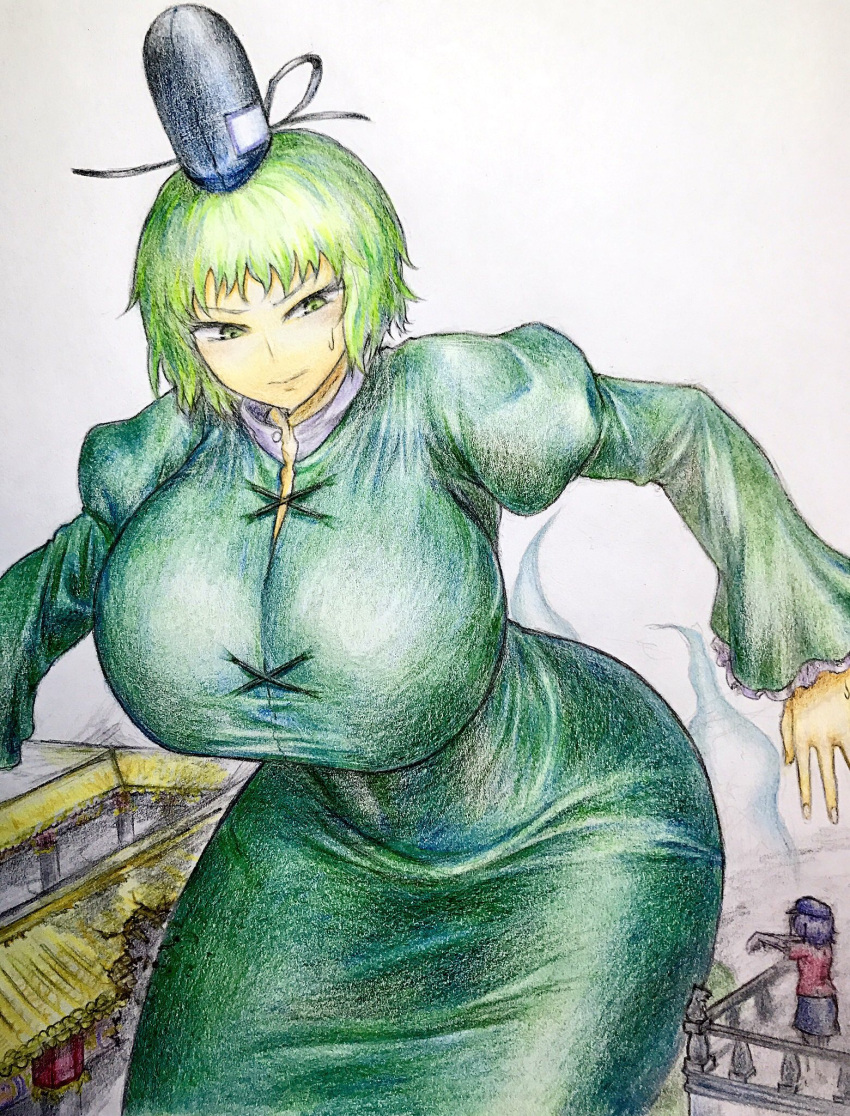 1girl, breasts, curvy, ghost_tail, giantess, green_eyes, green_hair, hat