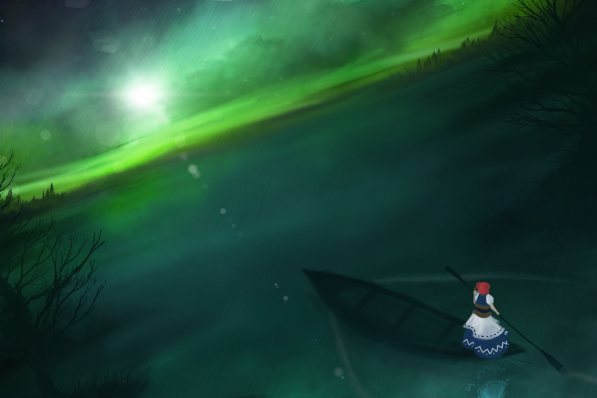 1girl, akyuun, bare_tree, belt, boat, dress, dutch_angle, from_above