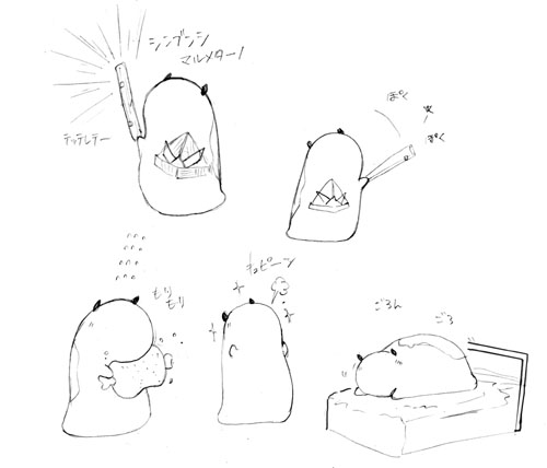 boned_meat, camel_(dansen), character_sheet, eating, monochrome, no_humans, origami, puki_(dgallon), white_background