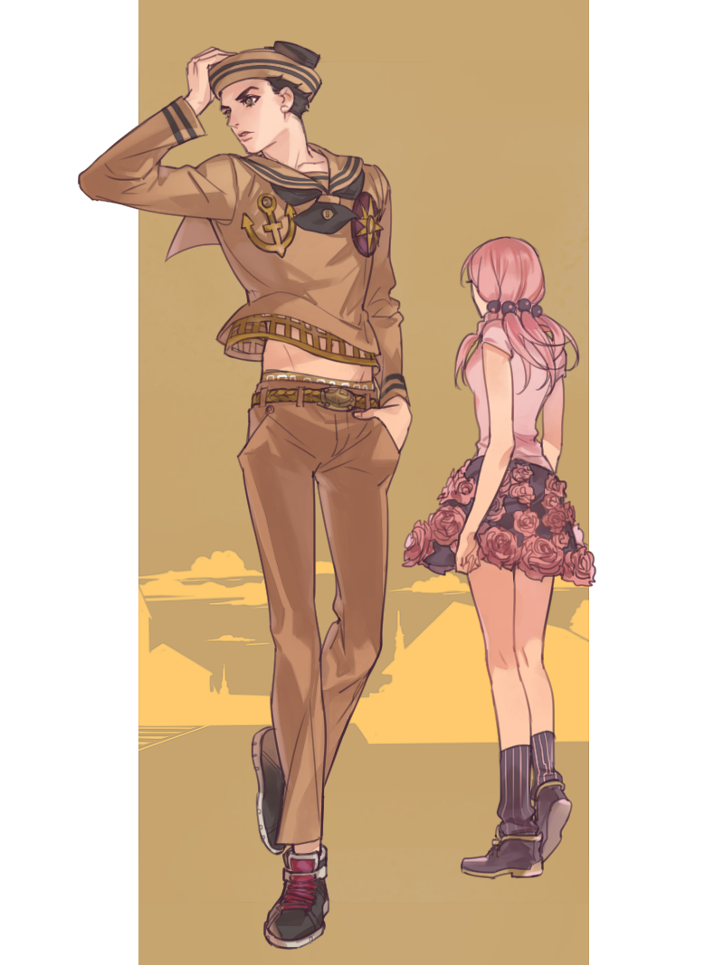 1boy, 1girl, black_hair, clouds, dixie_cup_hat, flower, flower_skirt, grey_eyes